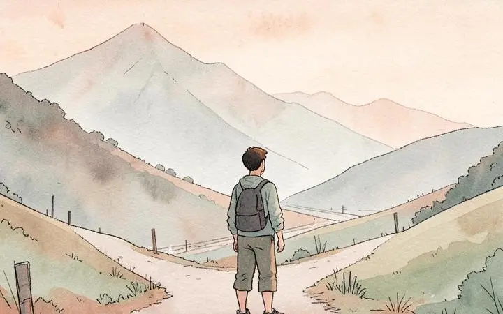 A young traveler standing at a crossroads between a mountain path and a valley path at dawn