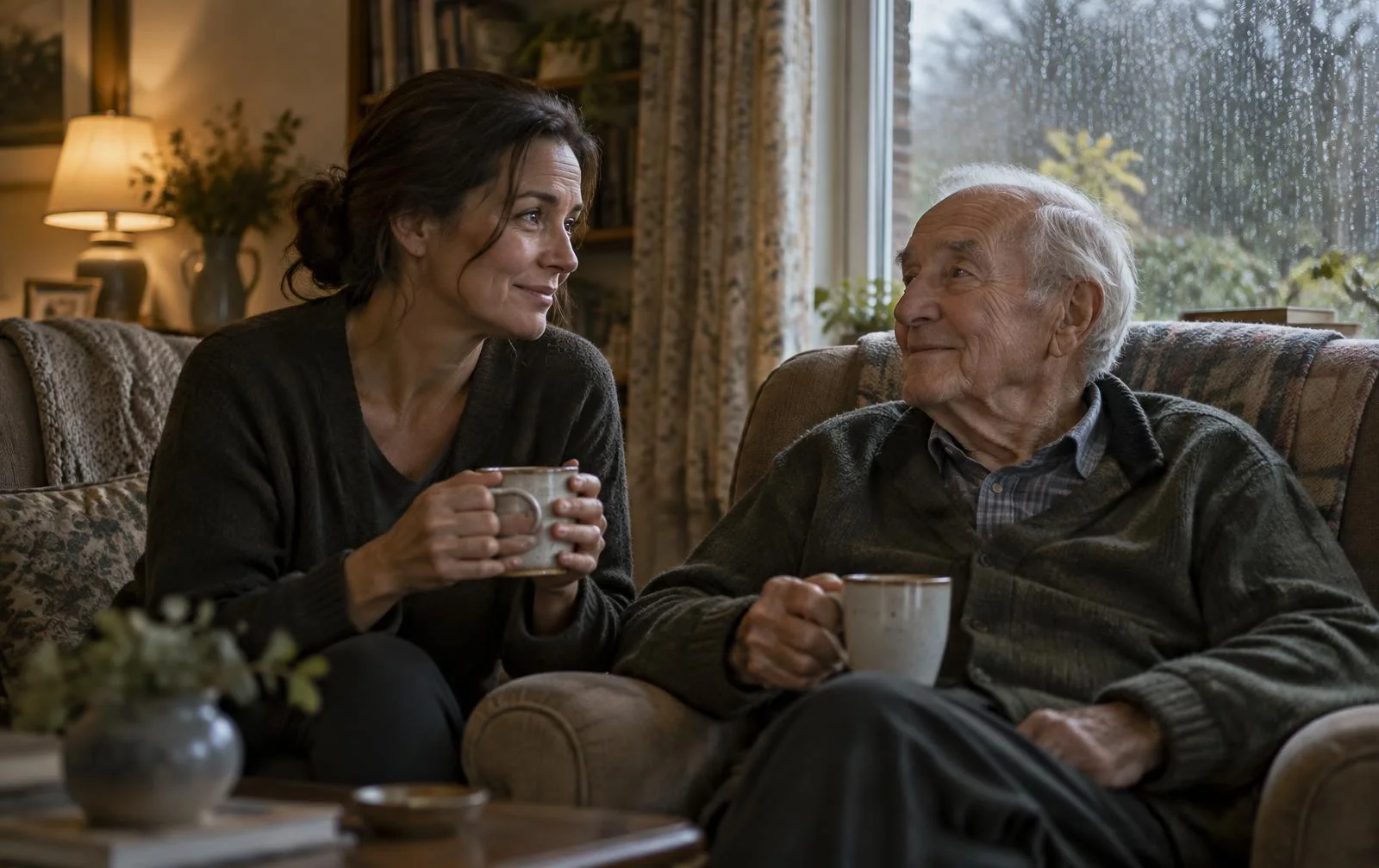 Maya and her father holding cups of tea beside a rain-streaked window
