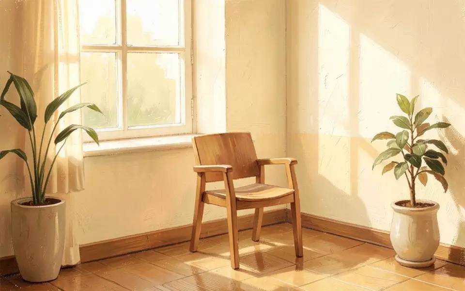 An empty chair in a sunlit waiting room
