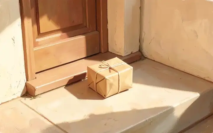 A wrapped parcel left quietly on a sunlit doorstep