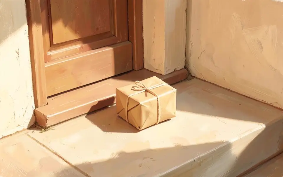 A wrapped parcel left quietly on a sunlit doorstep