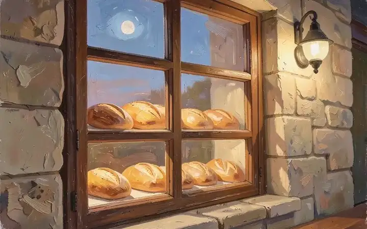 A warm bakery window with fresh loaves before dawn
