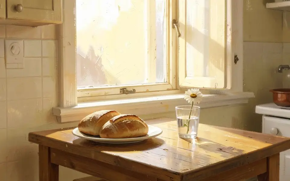 Morning light on a table with bread, water and a flower
