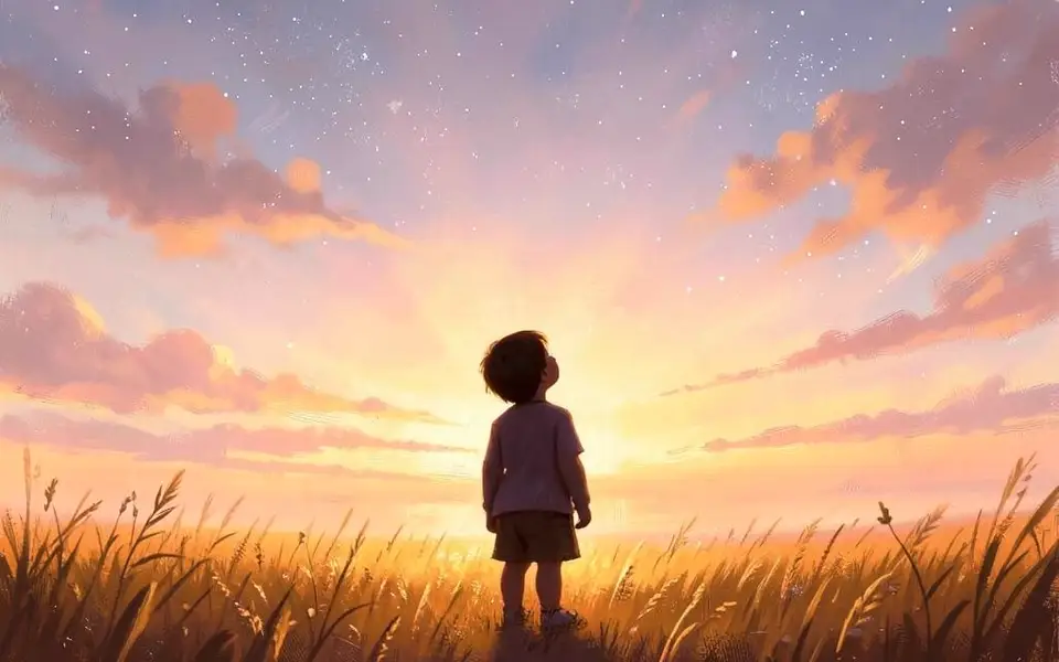 A child looking up at a vast dawn sky