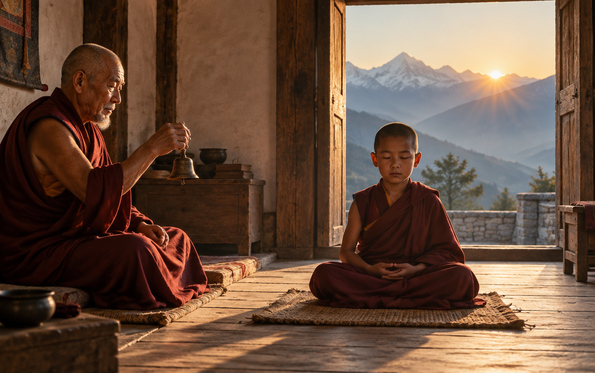 A young monk meditating while an old teacher rings a bell in a mountain monastery at dawn