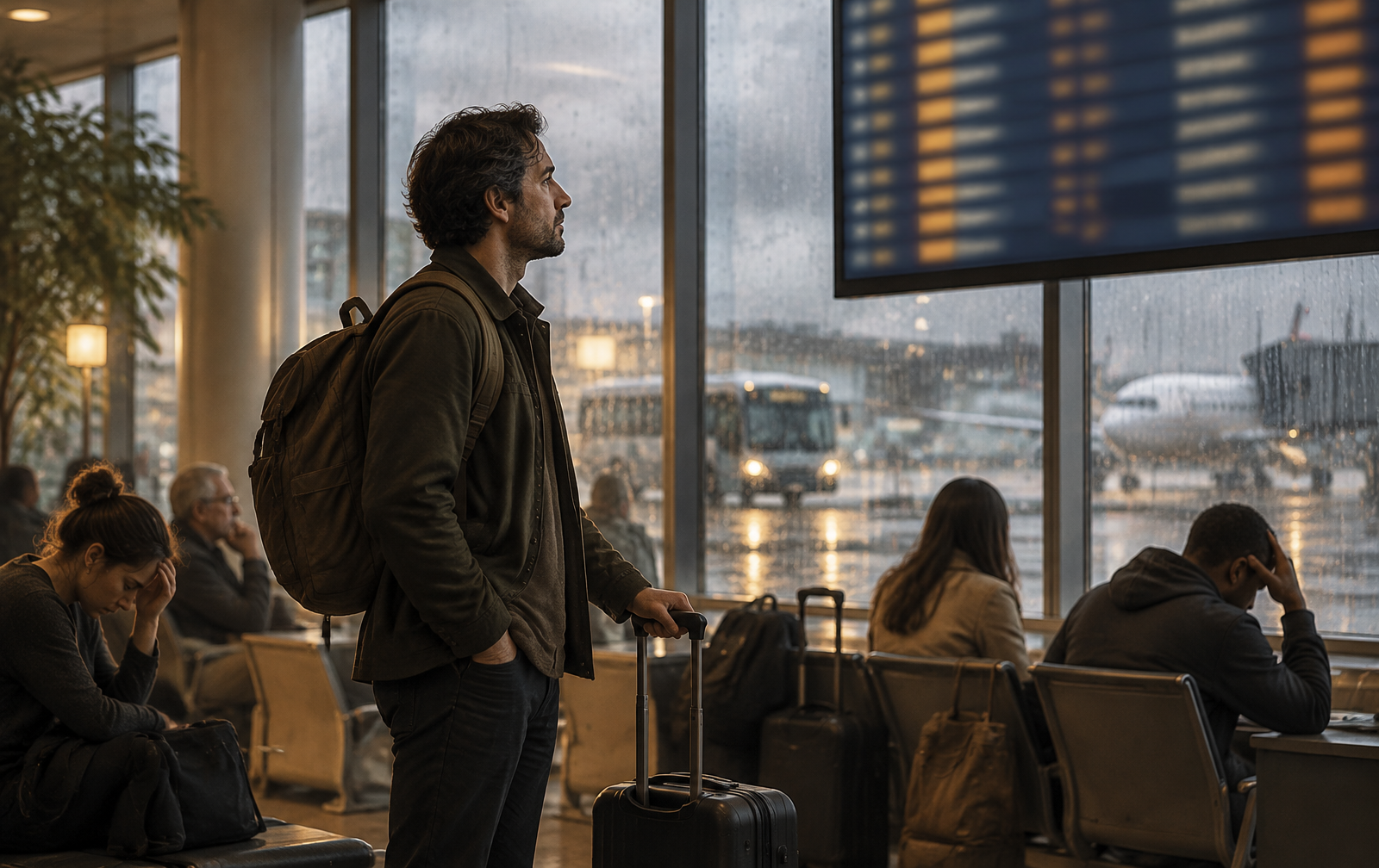 A thoughtful traveler with his bag at a rain-lit airport gate while other passengers wait nearby