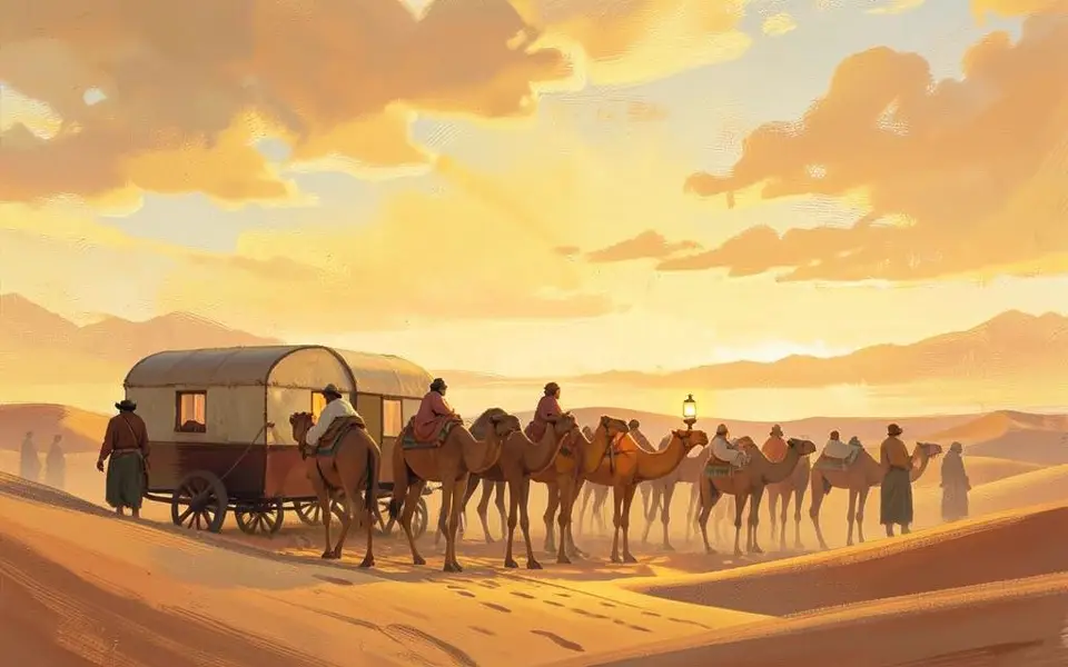 A desert caravan resting under a golden sunrise sky