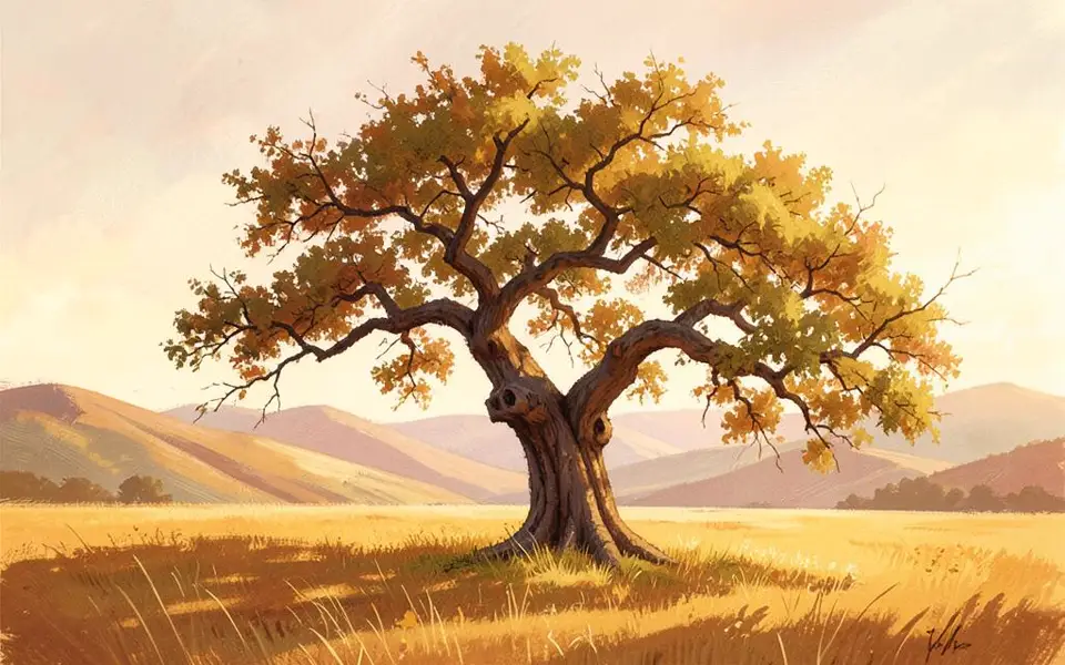 A beautifully crooked old tree glowing in a golden meadow