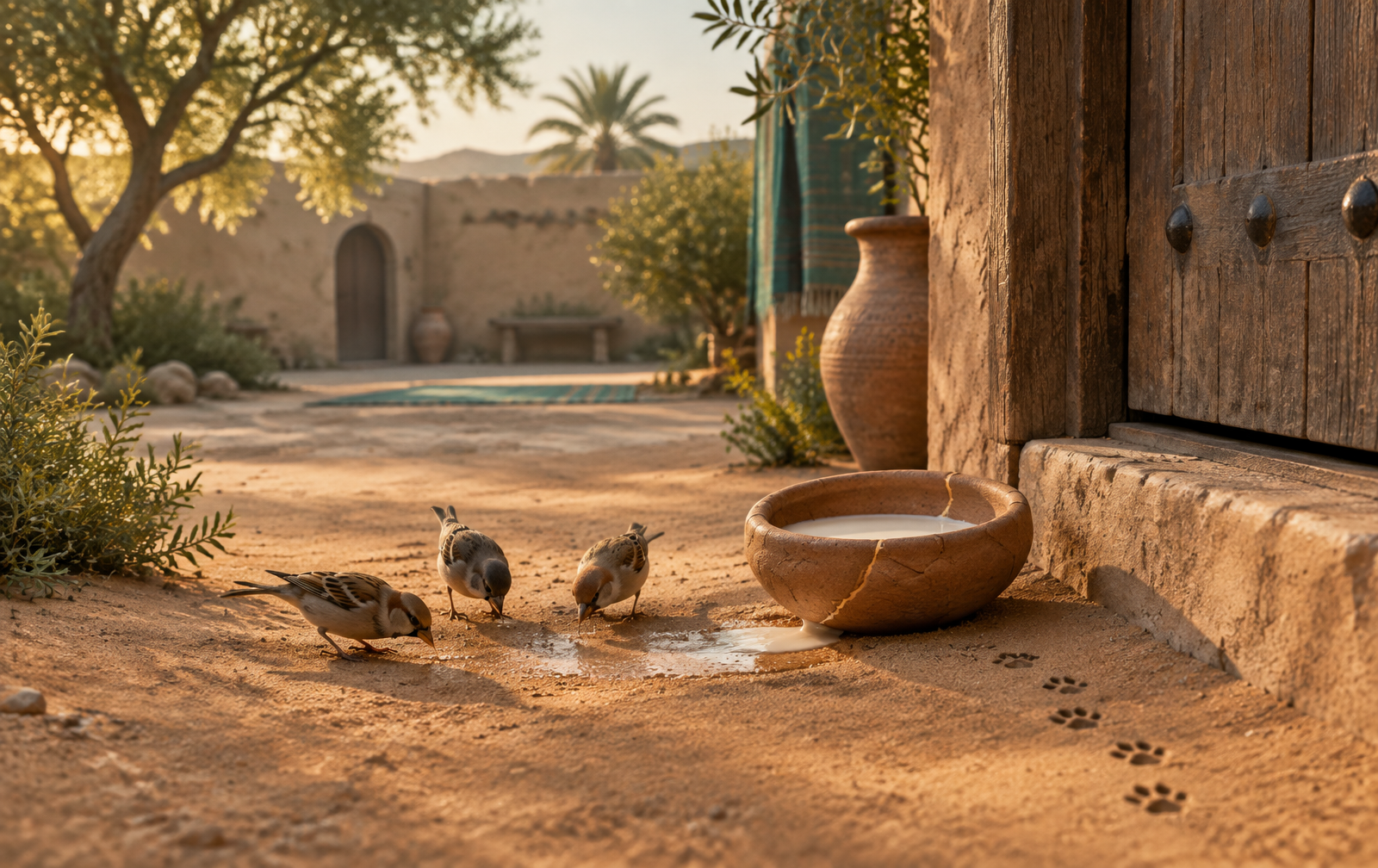 A repaired cracked bowl of milk beside a wooden door, with cat footprints and small birds gathering where milk has reached the sand