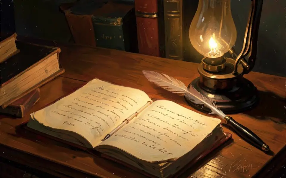 An open journal and quill beside a lamp at night