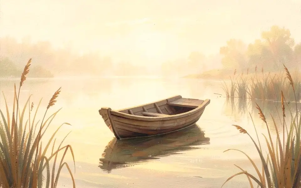 A small empty wooden boat drifting on calm golden water