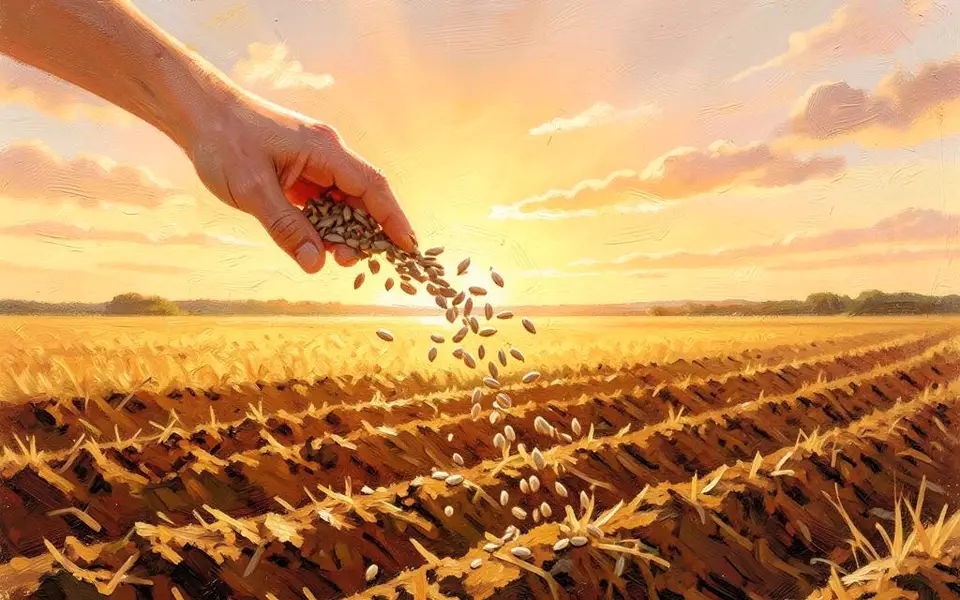 A hand scattering seeds over a golden field at sunrise
