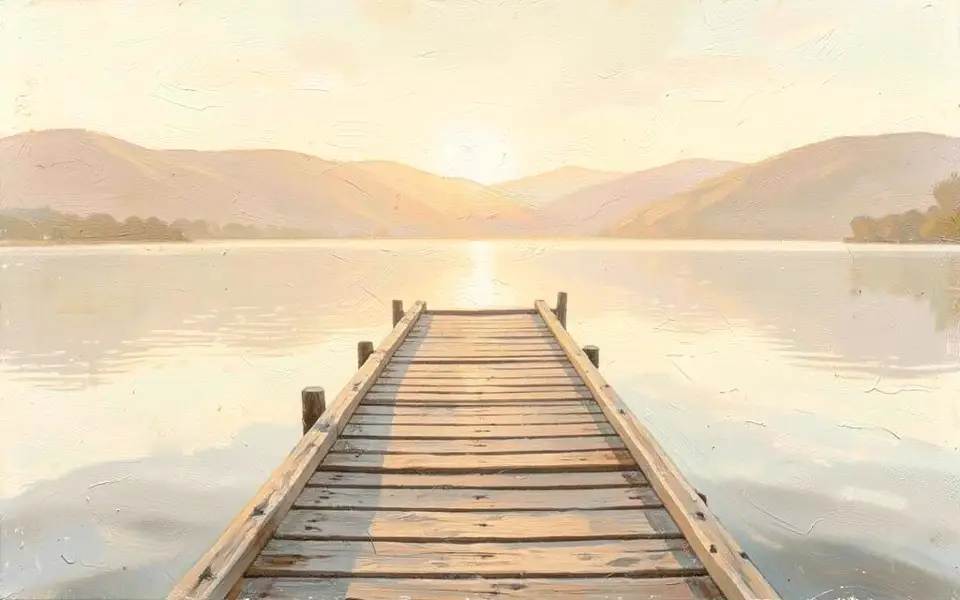 An empty jetty on a calm lake at sunrise