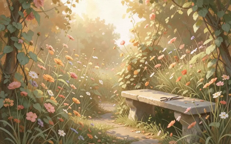 A garden left to bloom freely in warm morning light
