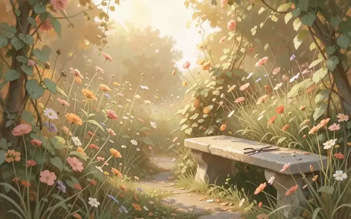 A garden left to bloom freely in warm morning light