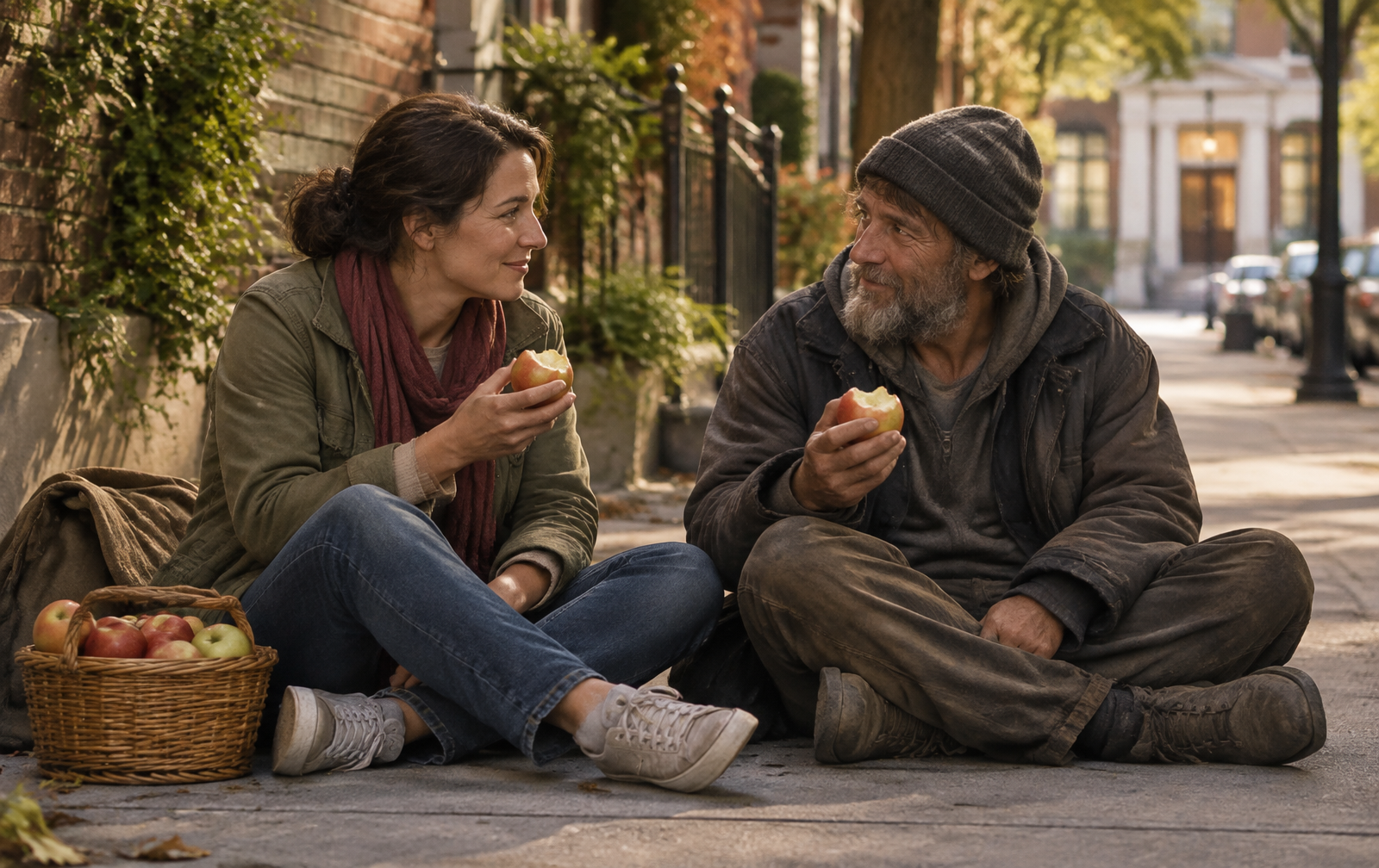 Naomi and a man sit together on a sidewalk, sharing apples in warm afternoon light