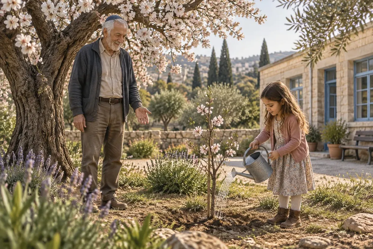 אריאל עומד בשלווה ליד עץ שקד פורח, וילדה משקה שתיל שקד קטן באור בוקר חמים
