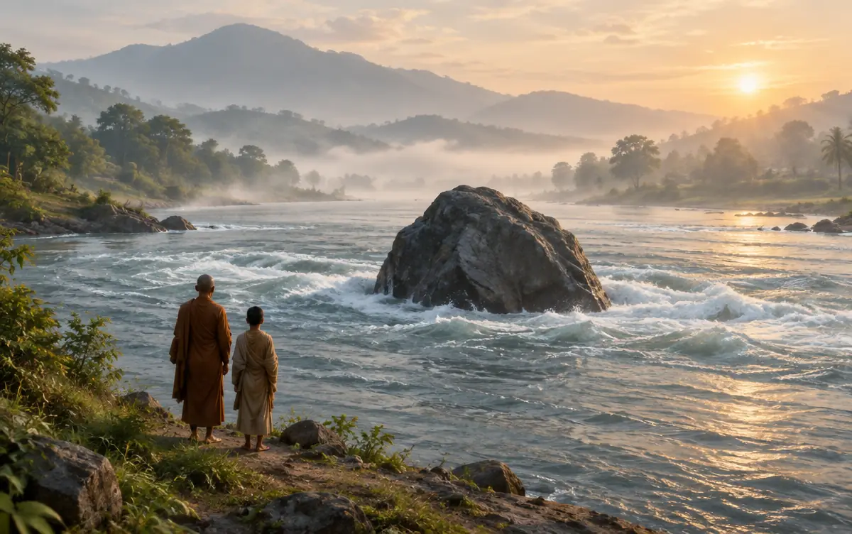 A Buddhist teacher and young student watching a broad river rush around a steadfast rock at sunrise