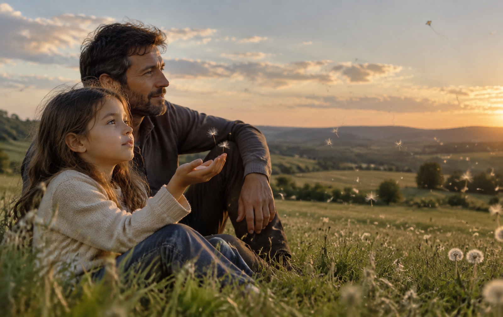 A young girl and her father sitting peacefully in an open field as a dandelion seed lands on her open palm