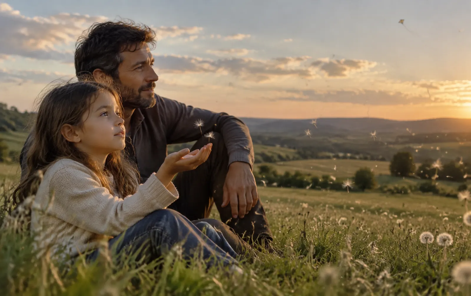 A young girl and her father sitting peacefully in an open field as a dandelion seed lands on her open palm