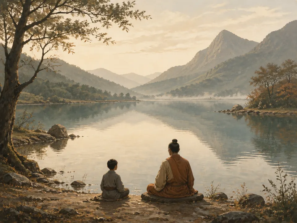 A small lake after rain, muddy ripples settling into still water that reflects the sky, a teacher and student sitting at its edge