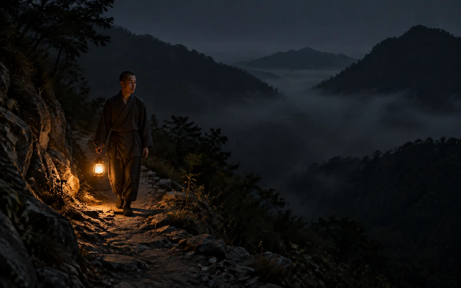 A young Zen student holding a warm lantern on a narrow mountain path that disappears into the misty night