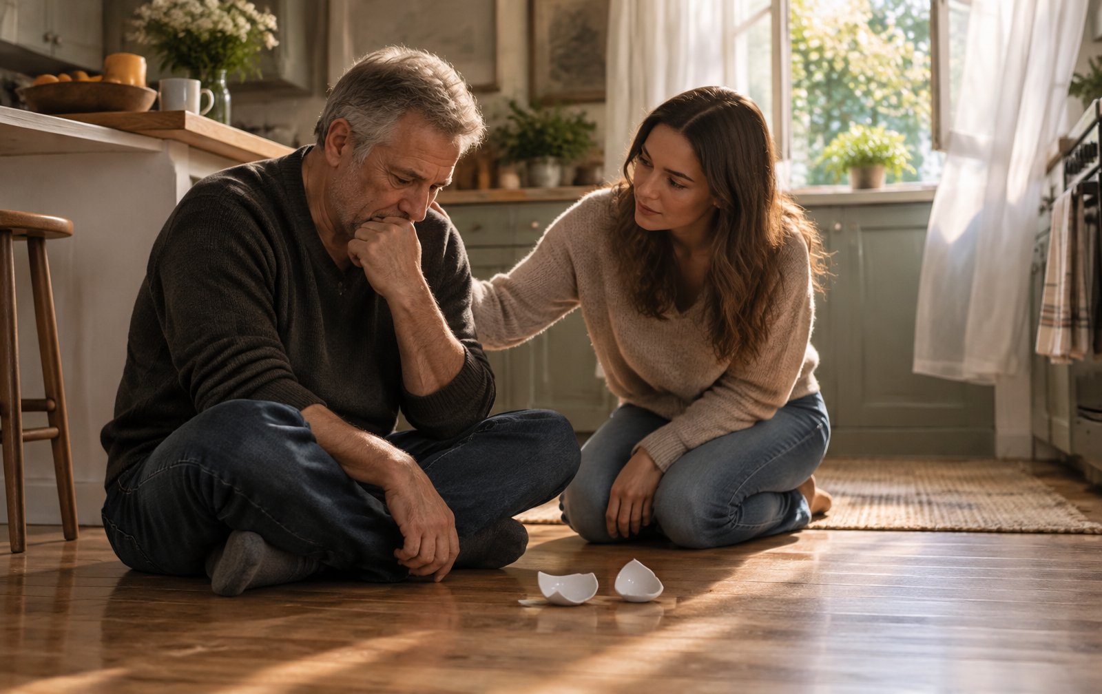 A grieving widower and his daughter sitting together beside the pieces of a broken white cup in a sunlit kitchen