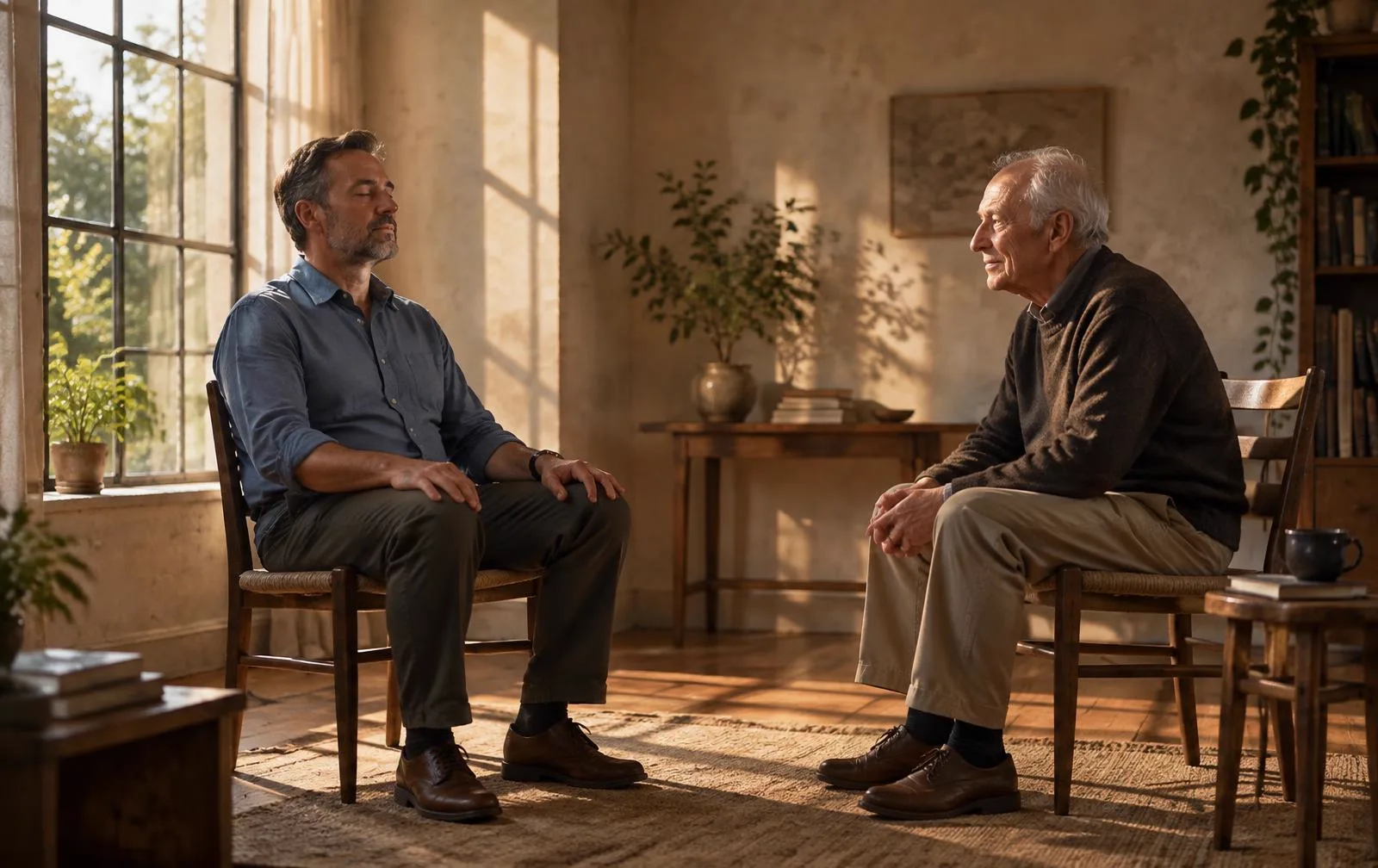 A man sits quietly opposite an elderly teacher in a simple sunlit room