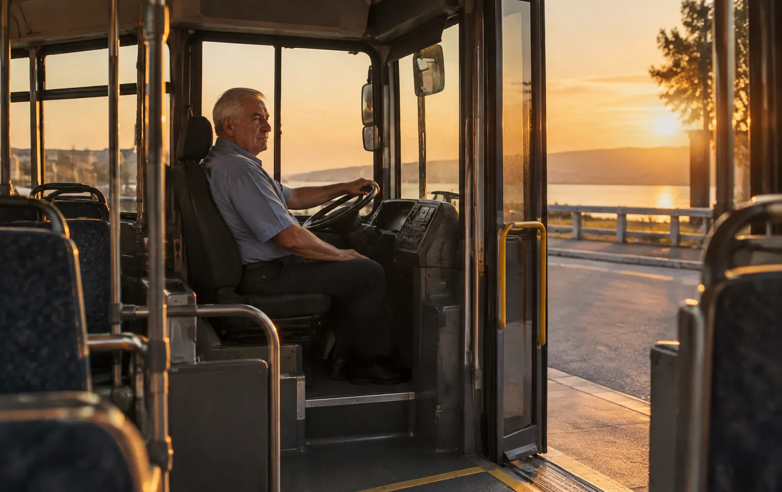 An older bus driver sitting alone in a nearly empty bus at the final stop as golden evening light enters through the open door