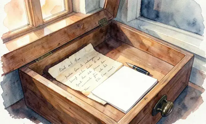 An open drawer with a folded old letter and a blank page beside a pen