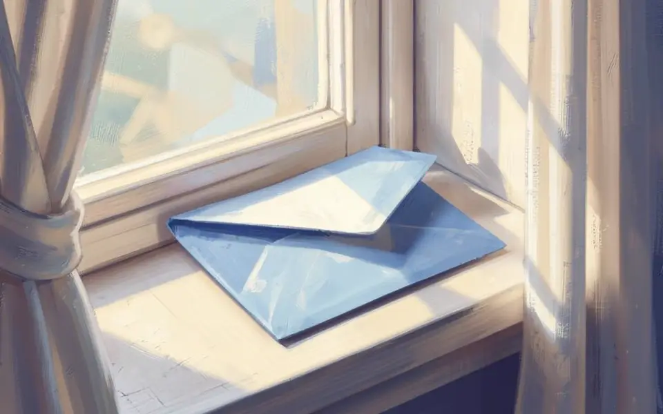 A folded letter on a windowsill in soft morning light
