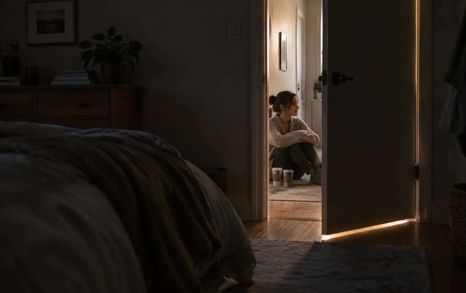 A thin line of warm light beneath a bedroom door, with a sister waiting quietly outside beside two cups of coffee