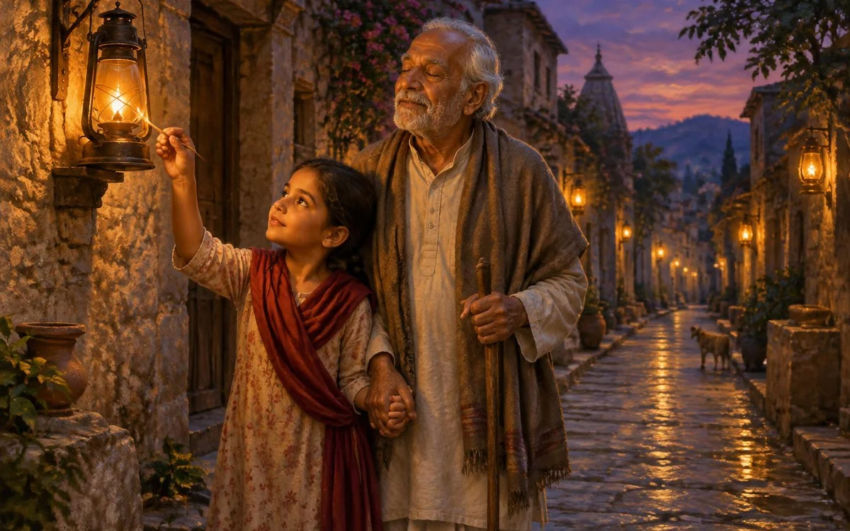 Ravi, an elderly Indian lantern keeper who has lost his sight, holds his granddaughter Anya’s hand as she lights a lantern in a village lane at twilight