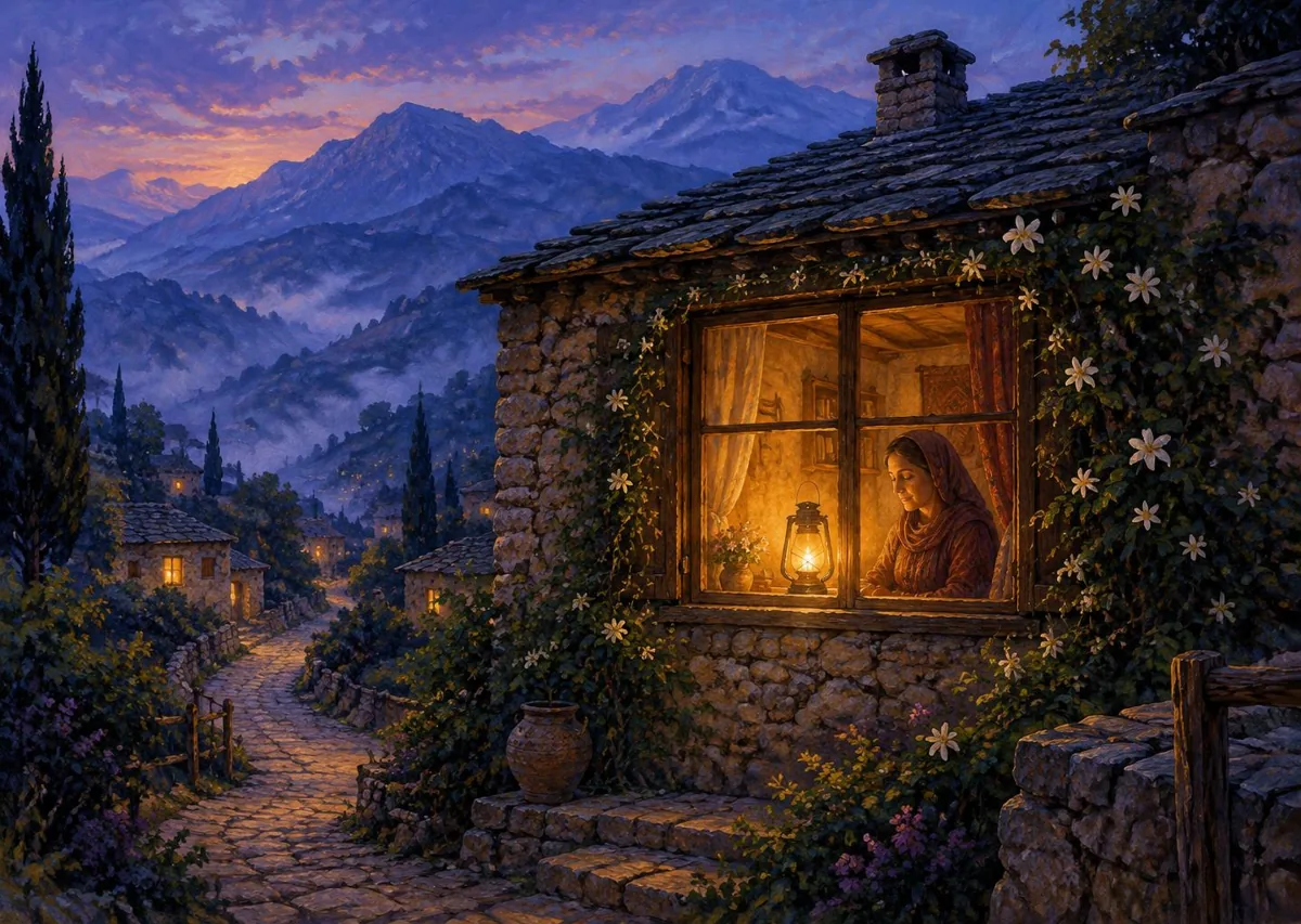 A golden lantern in a stone cottage window at twilight, Jasmine inside and a winding path leading into blue mountains