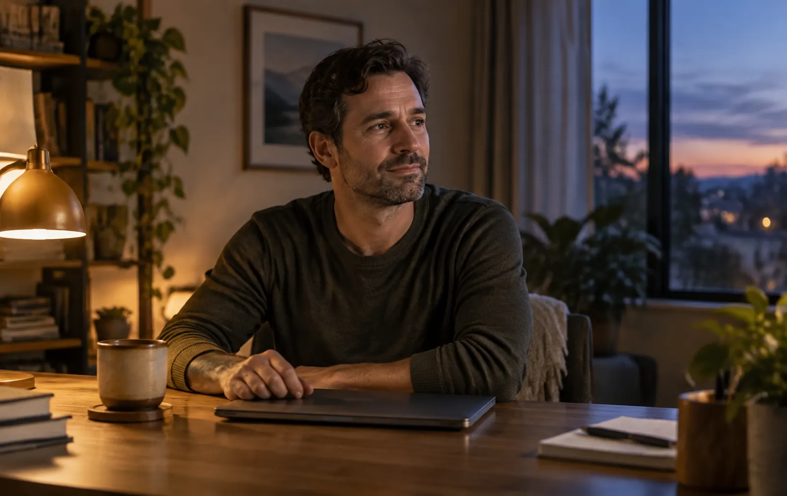 Daniel sits quietly beside his closed laptop in warm evening light after choosing not to take revenge