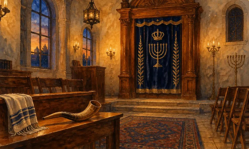 בית כנסת שקט בשעת בין ערביים ושופר מונח על ספסל עץ