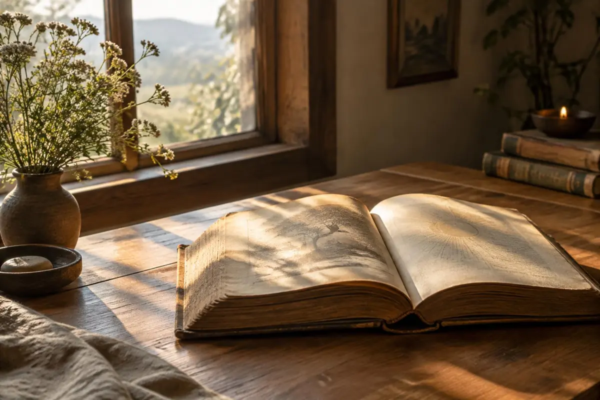 An ancient open book beside a window, warm morning sunlight across its pages in a quiet intimate room