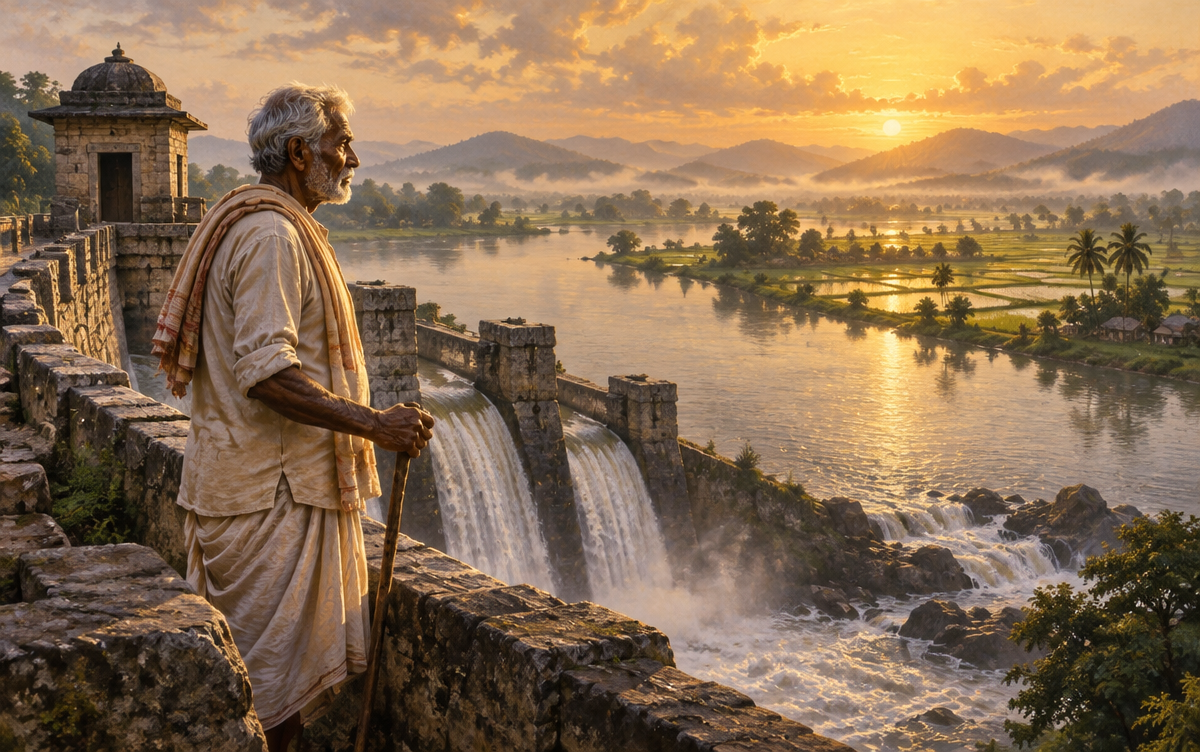 An elderly Indian dam keeper standing beside an ancient stone dam above a river at sunrise, flooded rice fields in the distance