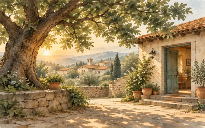 A large tree beside a village home with an open door in morning light