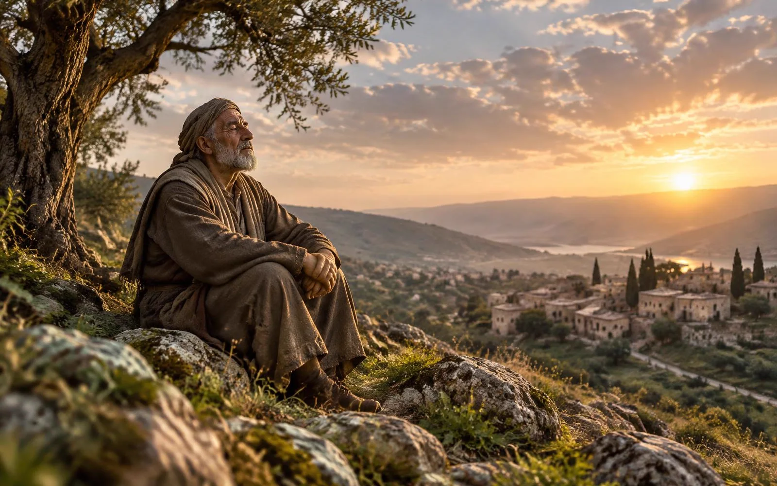 An older man sitting beneath a tree on a hill above his village at sunrise
