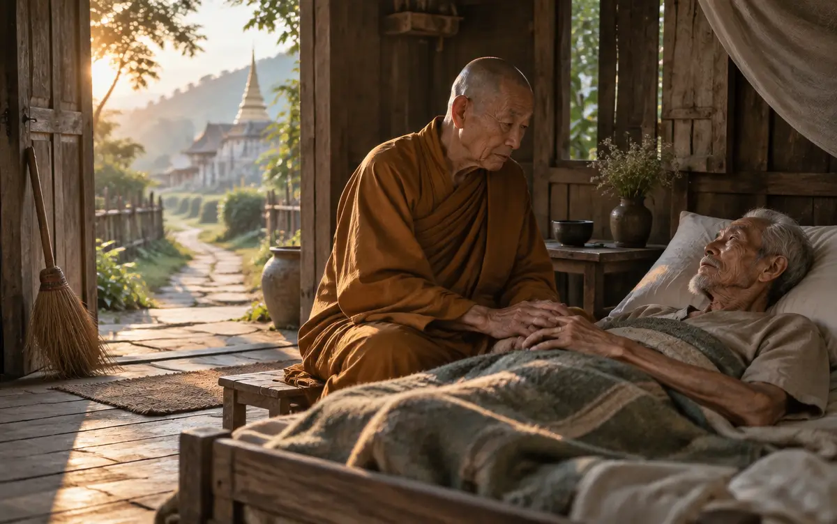 An elderly Buddhist monk sitting compassionately beside a sick old man in a quiet village home at dawn