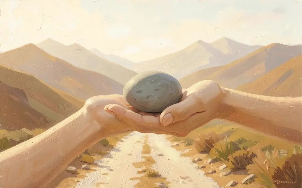 An open hand releasing a smooth stone above a sunlit path