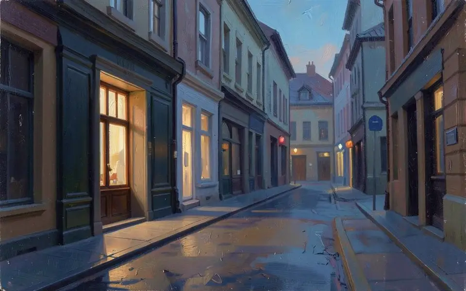 A quiet city street before dawn with one lit window