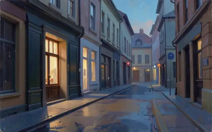 A quiet city street before dawn with one lit window