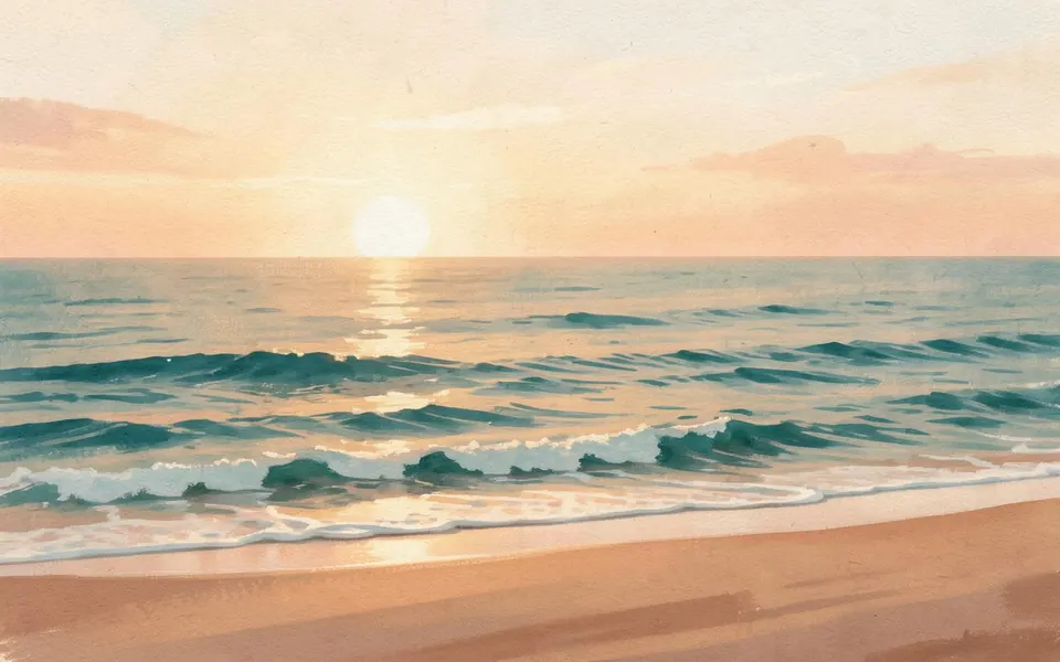 A calm ocean at sunrise seen from a quiet shore