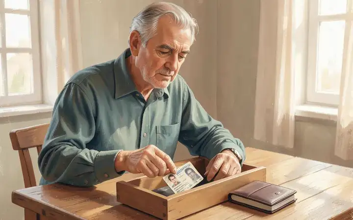 A man placing an old employee ID card in a drawer in soft morning light