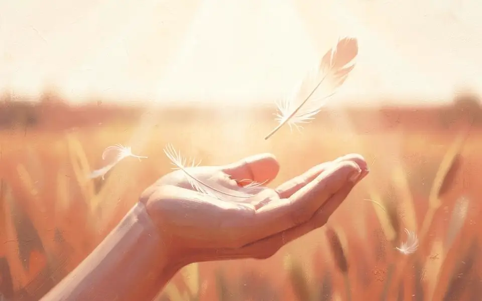 An open palm holding sunlight and drifting feathers