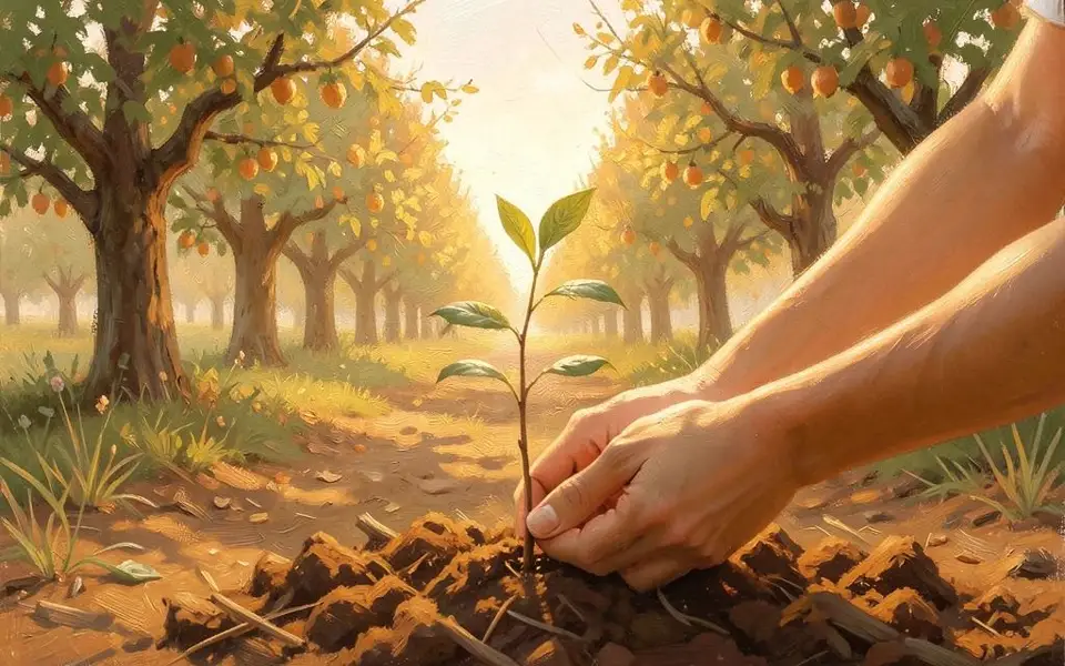 Hands planting a sapling in a sunlit orchard
