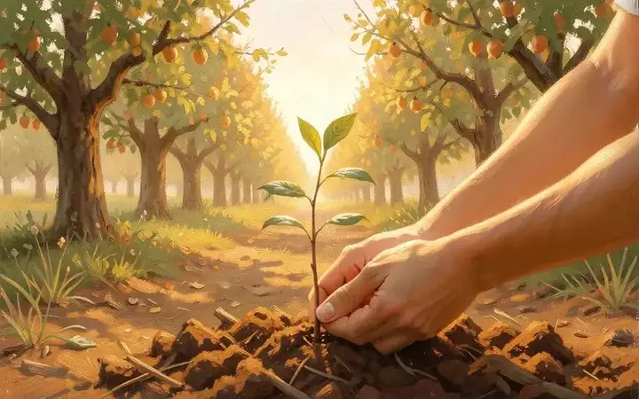 Hands planting a sapling in a sunlit orchard