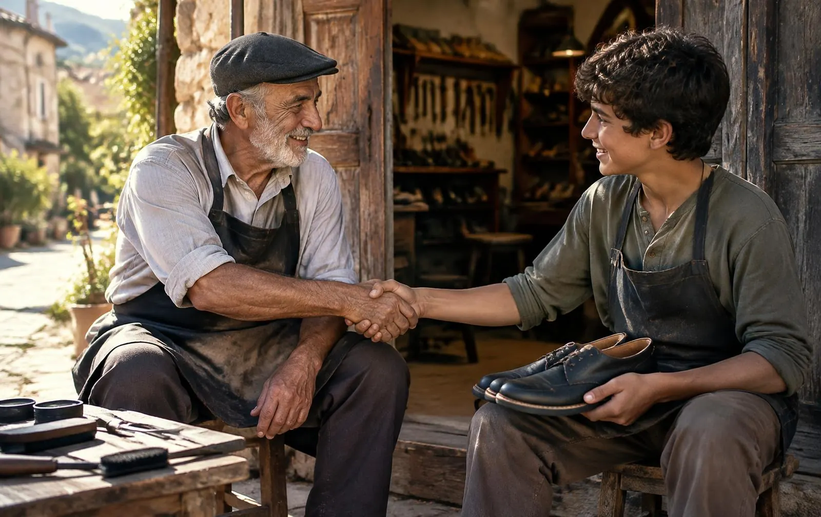 An elderly shoemaker and a young boy warmly shake hands outside a traditional shoe workshop